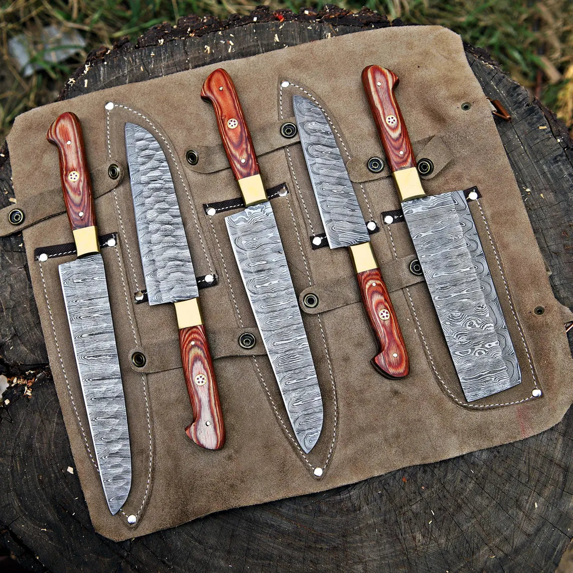 Damascus Steel 5 Pcs Chef Knife Set | Hardwood Handle | Leather Kit | NB Knives