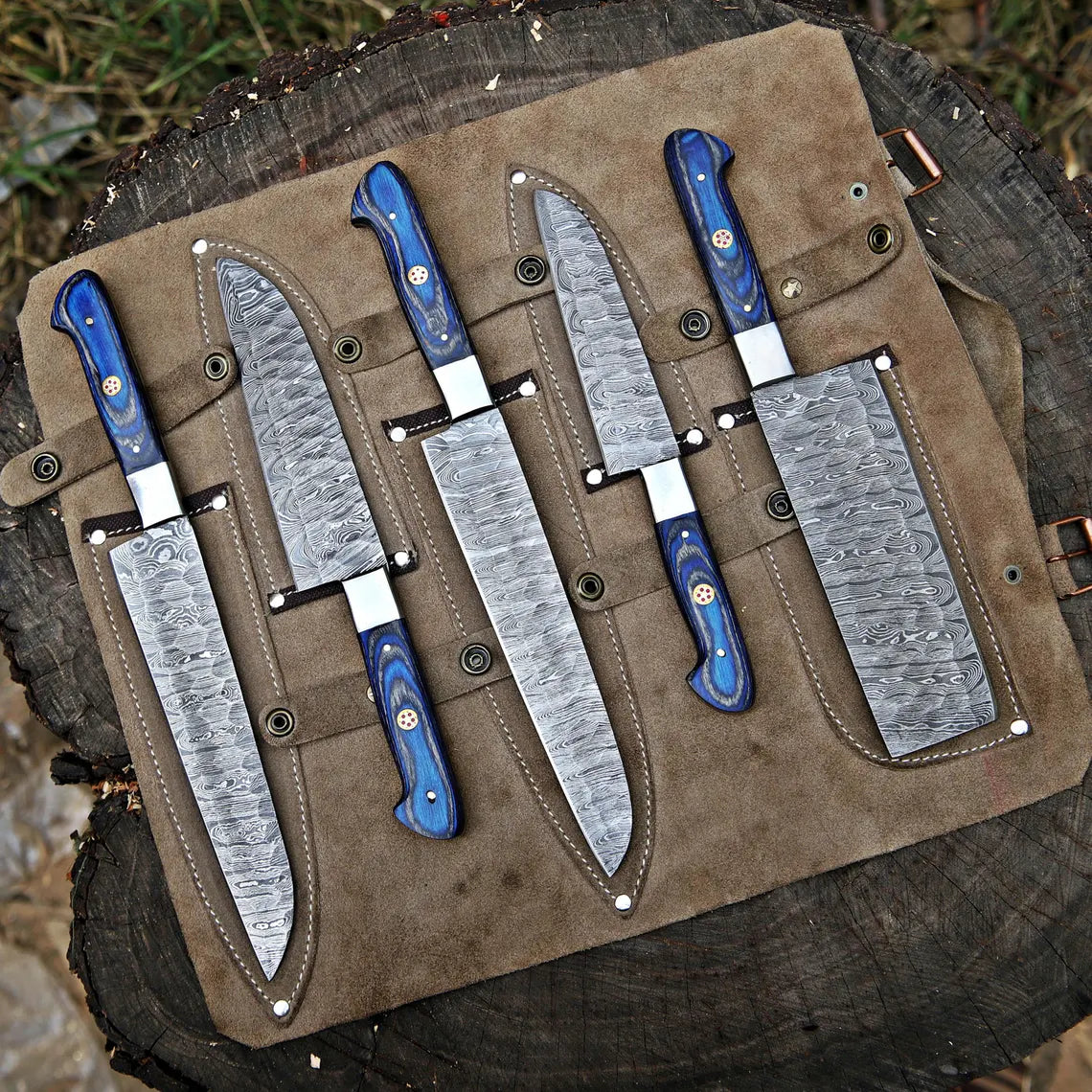 Damascus Steel 5 Pcs Chef Set | Hardwood Handle | Premium Leather Kit | NB Knives