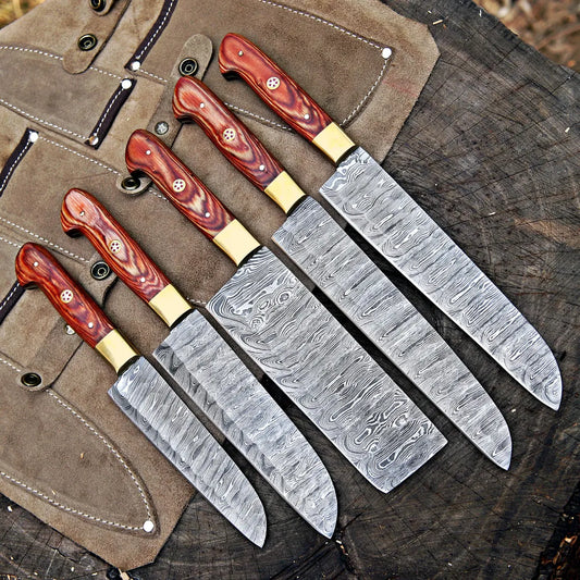 Damascus Steel 5 Pcs Chef Knife Set | Hardwood Handle | Leather Kit | NB Knives