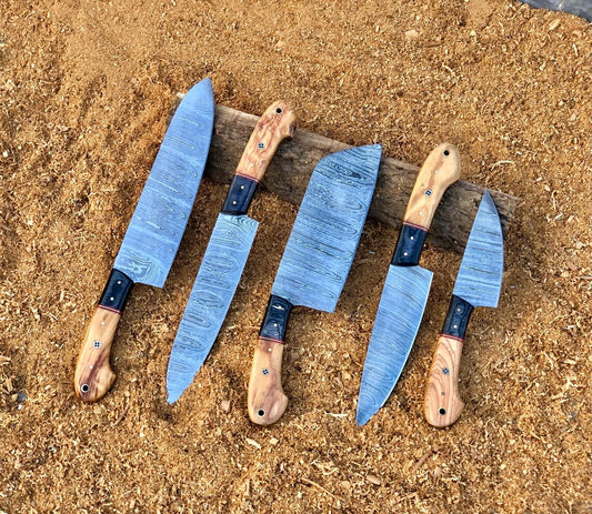 Custom Handmade Damascus Steel 5-Piece Chef Knife Set with Olive Wood Handles & Leather Roll