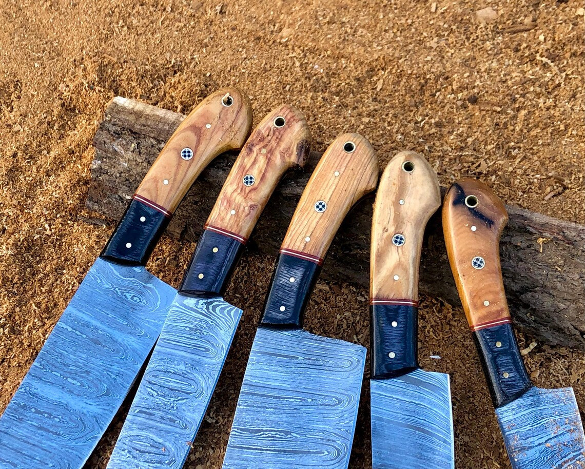 Custom Handmade Damascus Steel 5-Piece Chef Knife Set with Olive Wood Handles & Leather Roll