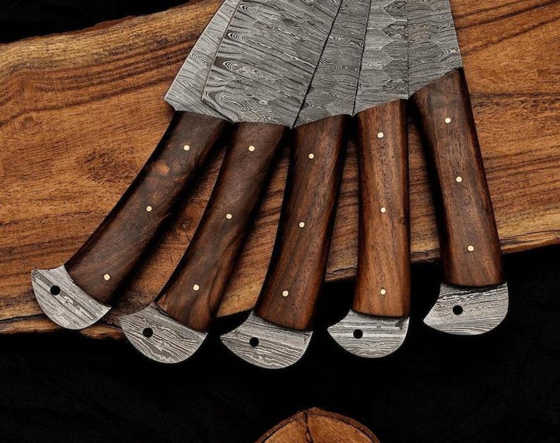 Custom Damascus Steel 5 Pcs Chef Knife Set | Rosewood Handle & Leather Kit