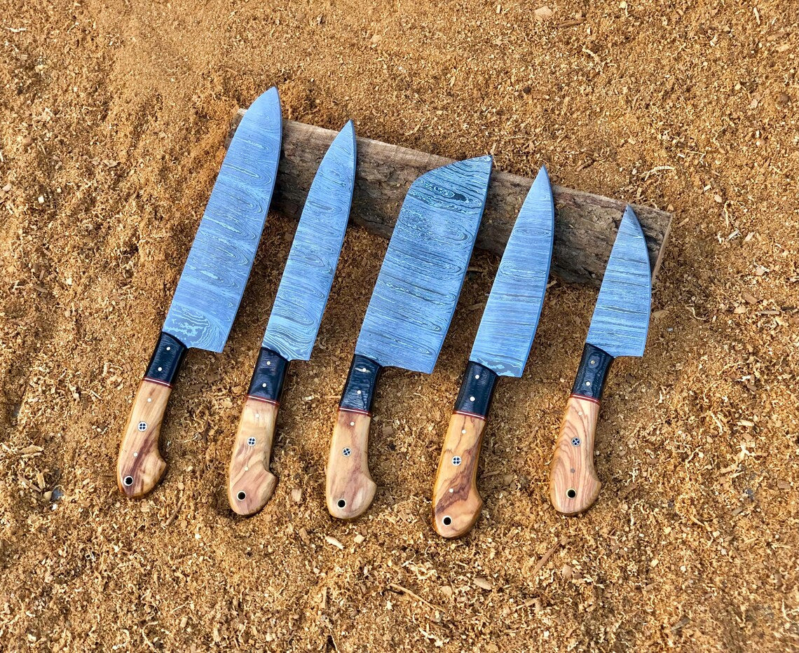 Custom Handmade Damascus Steel 5-Piece Chef Knife Set with Olive Wood Handles & Leather Roll