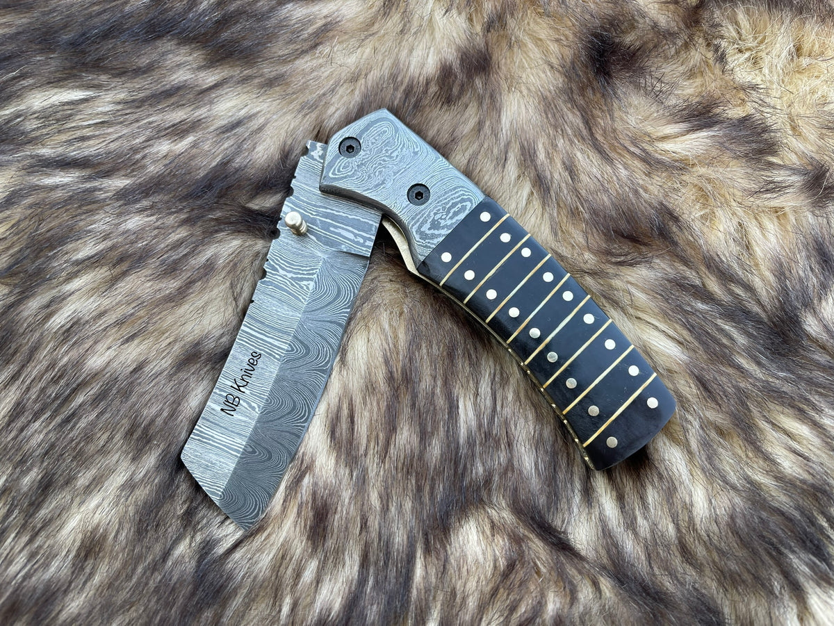 Custom Handmade Damascus Steel Folding Knife Handle Black Horn With Leather Sheath