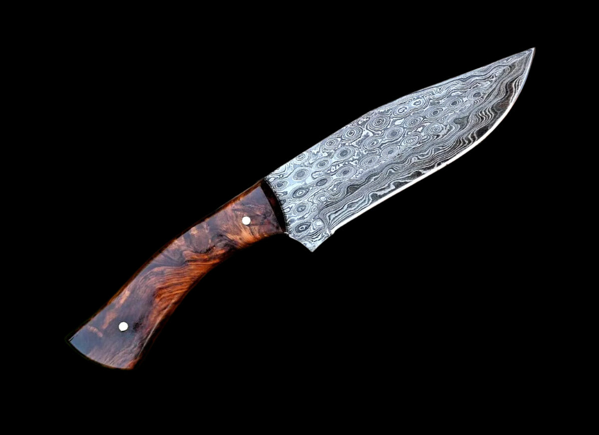 Rain Drop Damascus Skinner Knife with Rosewood Handle & Leather Sheath