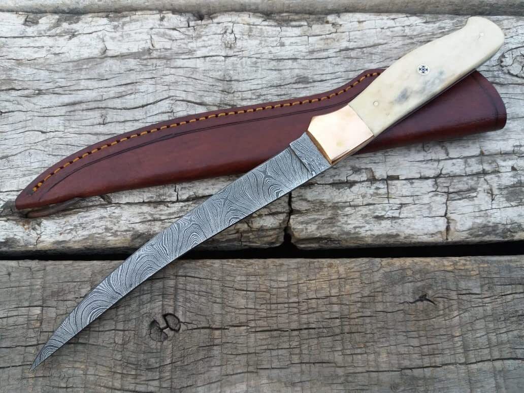 Damascus Steel Fillet Knife with Cow Bone Handle & Brass Bolster