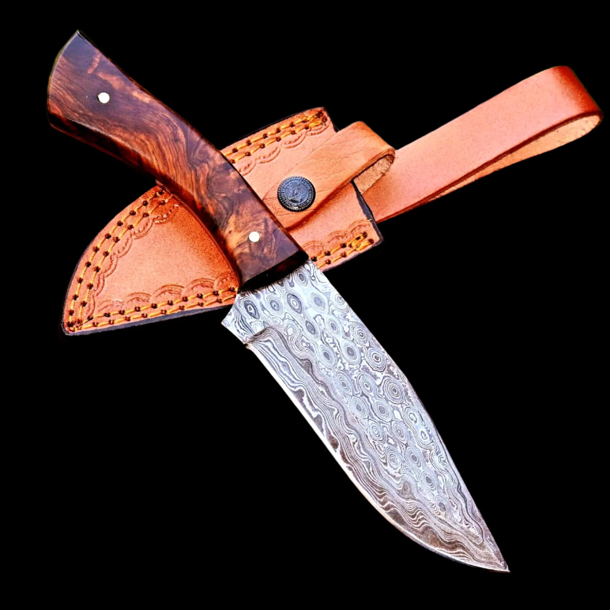 Rain Drop Damascus Skinner Knife with Rosewood Handle & Leather Sheath