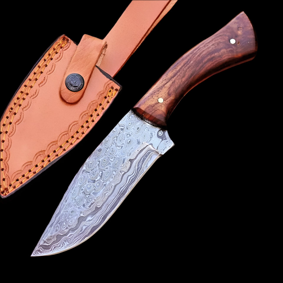 Rain Drop Damascus Skinner Knife with Rosewood Handle & Leather Sheath