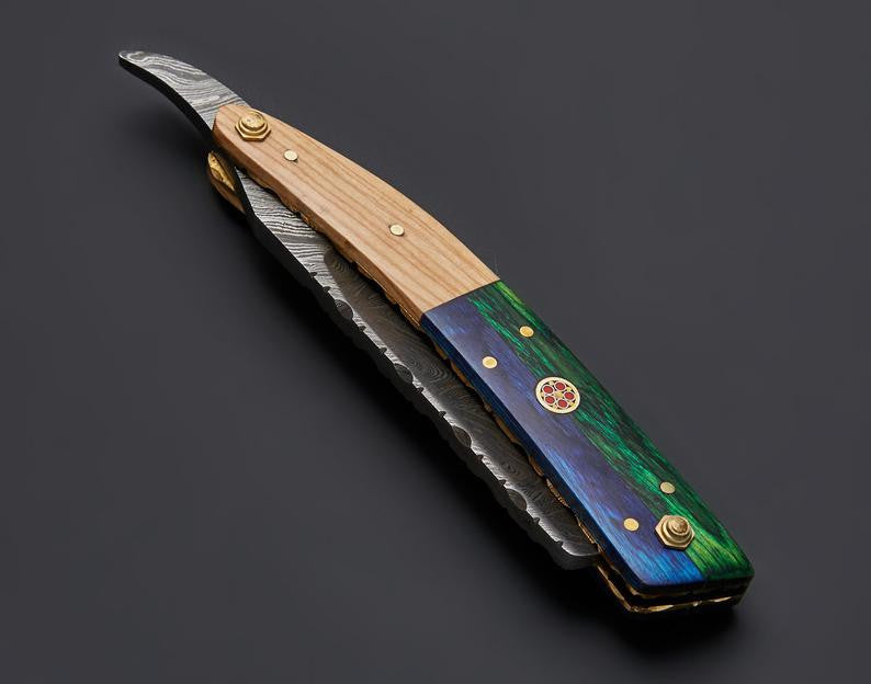 CUSTOM HANDMADE DAMASCUS STRAIGHT RAZOR WITH LEATHER SHEATH