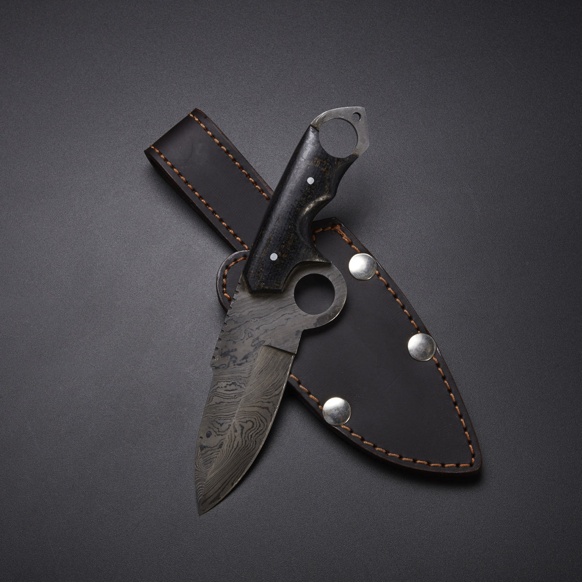 Black Micarta Damascus Skinner Knife with Leather Sheath