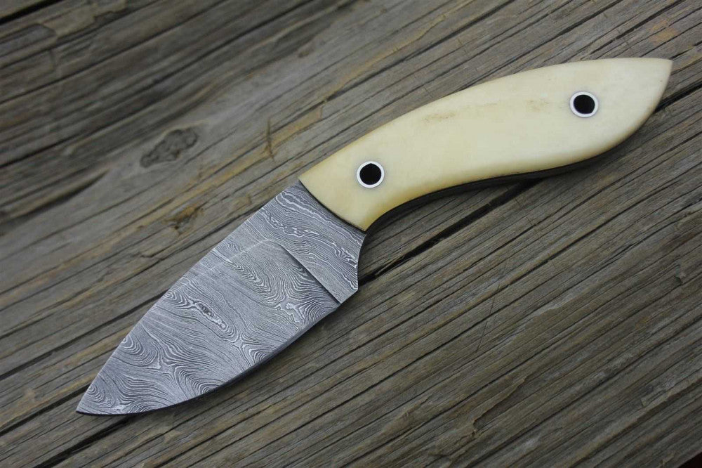 Handmade Damascus Skinner Knife Featuring Camel Bone Handle & Leather Sheath