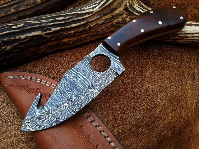 CUSTOM HANDMADE DAMASCUS GUTHOOK HUNTING KNIFE HANDLE ROSEWOOD