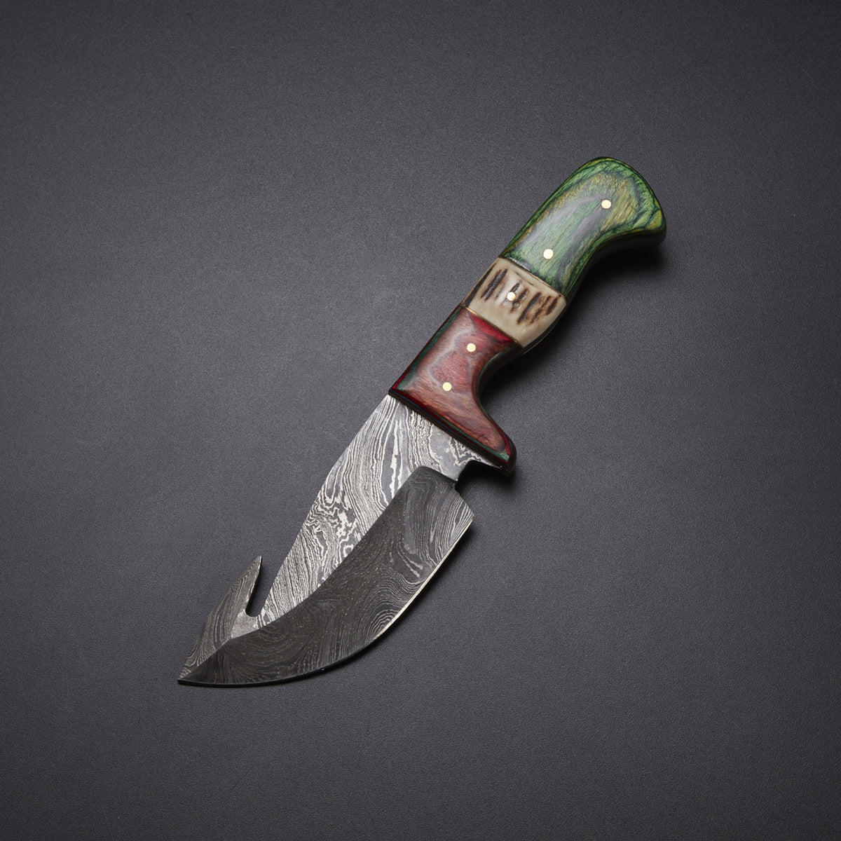 Handmade Damascus Guthook Knife with Stag Horn & Pakka Wood Handle