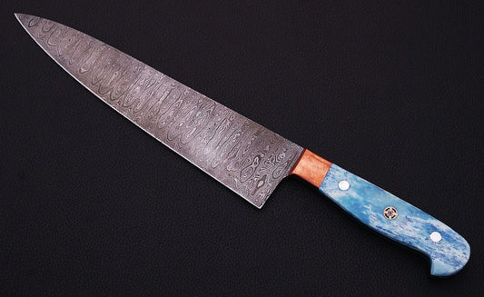 |NB KNIVES| CUSTOM HANDMADE DAMASCUS STEEL CHEF KNIFE WITH LEATHER SHEATH