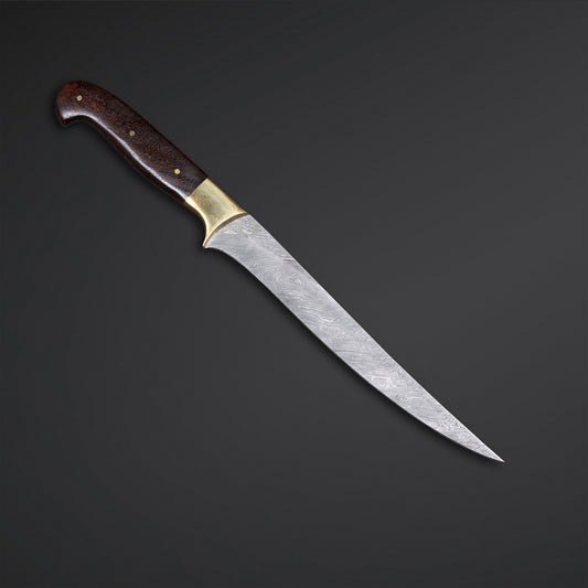 Handmade Damascus Fillet Knife with Rosewood Handle & Brass Bolster