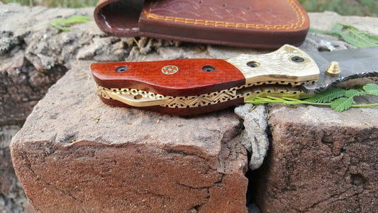 Handmade Damascus Steel Folding Knife with Micarta Handle & Brass Bolster