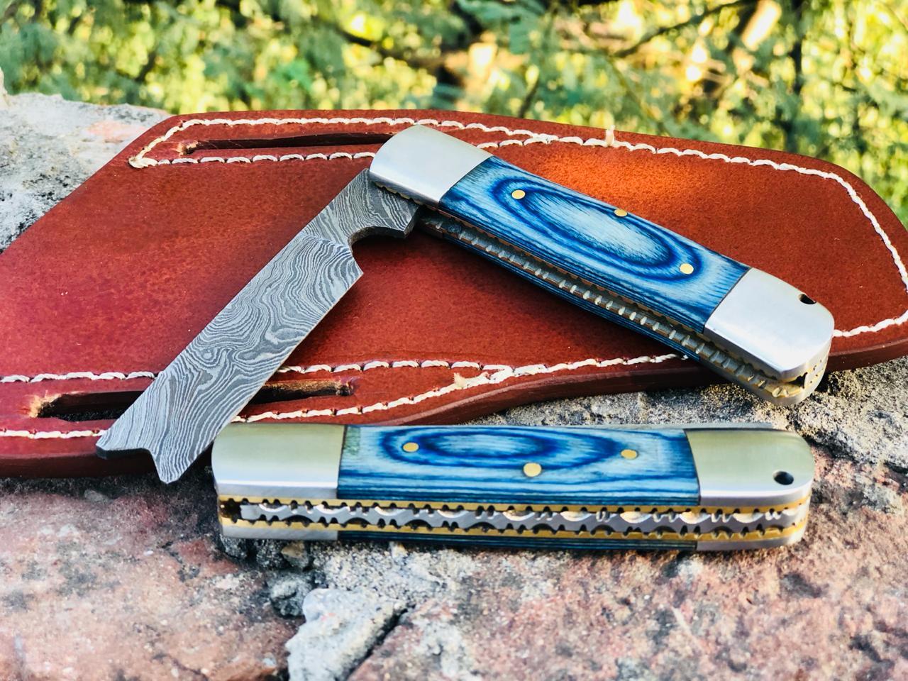 Lot of 2 Custom Handmade Damascus Steel Bull Cutter pocket knives with Leather sheath