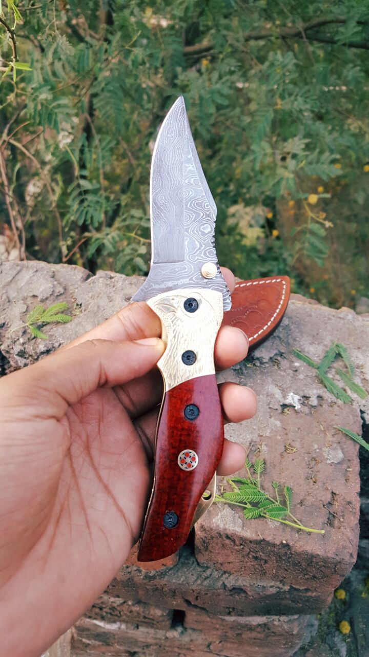 Handmade Damascus Steel Folding Knife with Micarta Handle & Brass Bolster