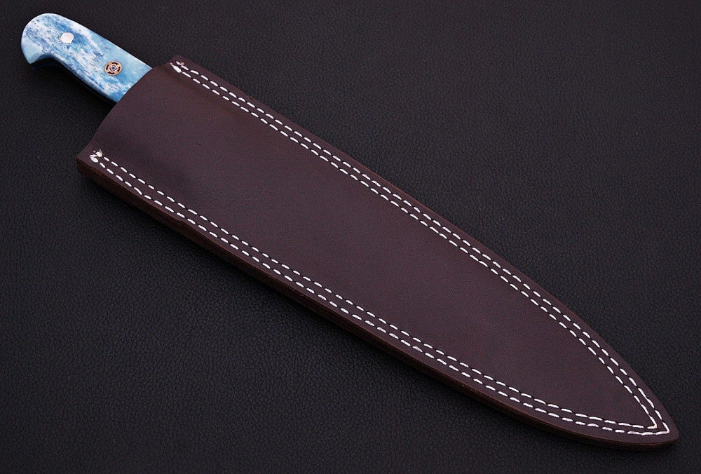 |NB KNIVES| CUSTOM HANDMADE DAMASCUS STEEL CHEF KNIFE WITH LEATHER SHEATH