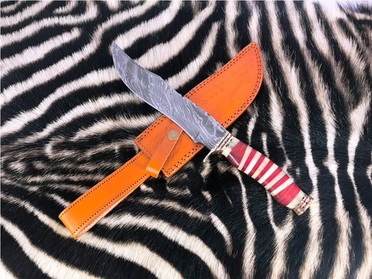 |NB KNIVES| CUSTOM HANDMADE DAMASCUS STELL HUNTING KNIFE WITH LEATHER SHEATH