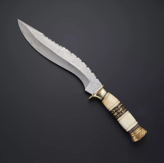 Custom Handmade Damascus Steel Kukri Knife with Bone & Horn Handle