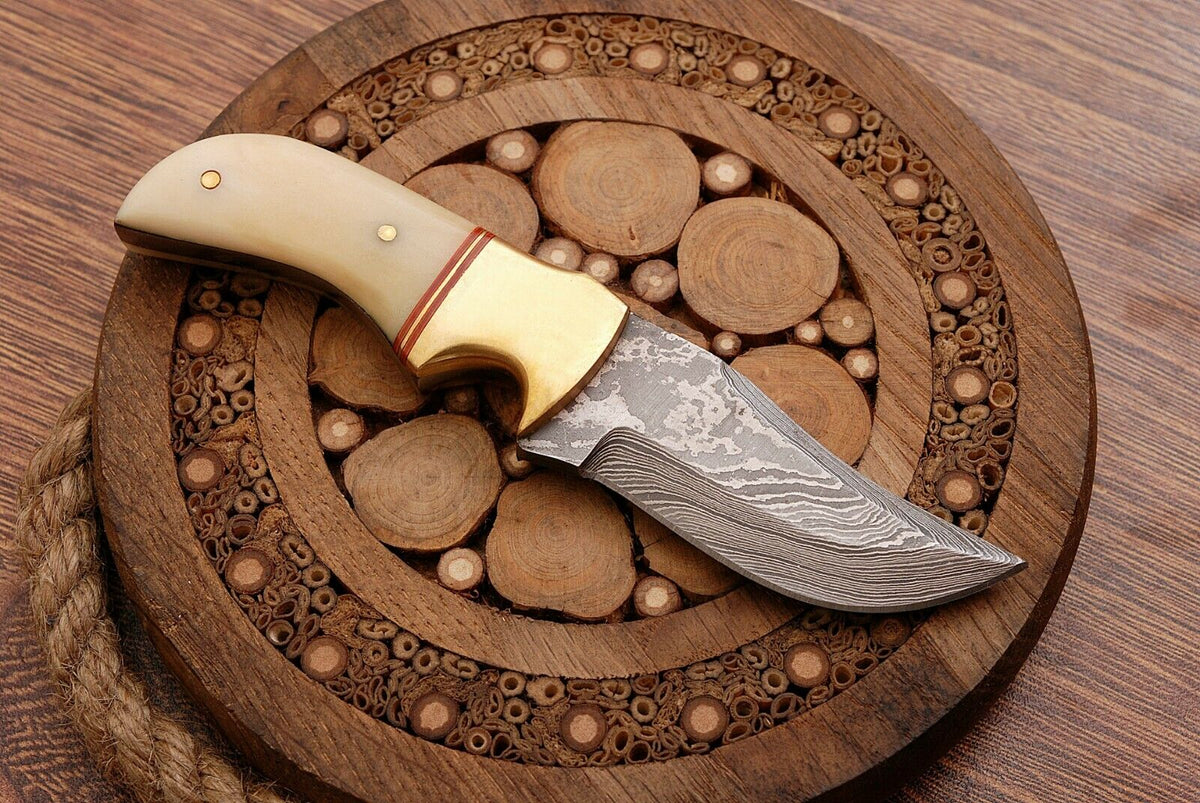 Carved Wood Handle Layered-Steel Skinner Knife