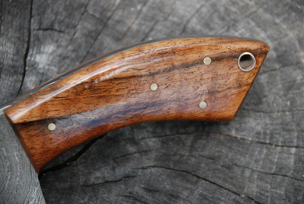 Walnut Wood Handle Handmade Damascus Guthook Knife with Leather Sheath