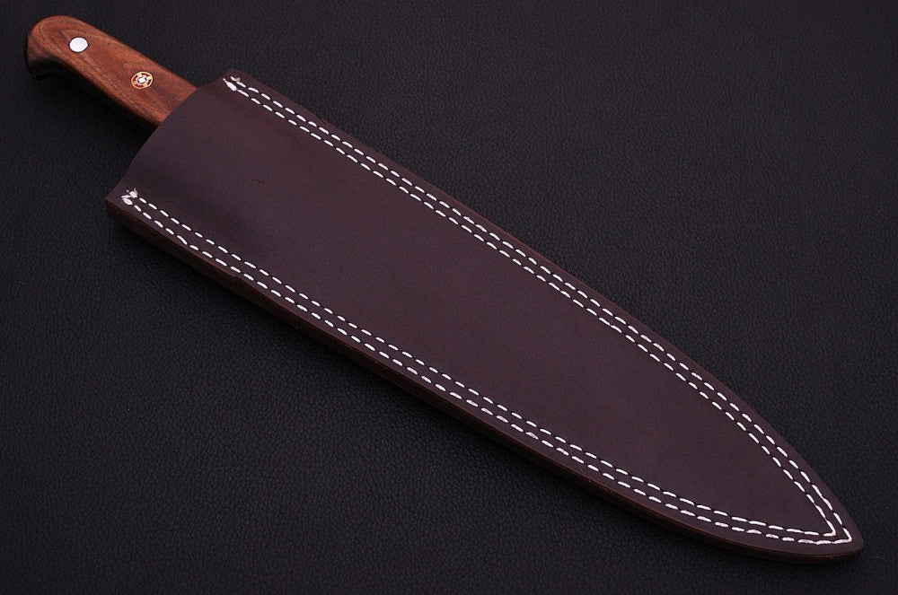 |NB KNIVES| CUSTOM HANDMADE DAMASCUS STEEL CHEF KNIFE WITH LEATHER SHEATH