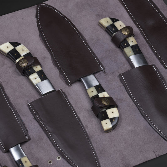 CUSTOM HANDMADE DAMASCUS 5 PCS CHEF SET WITH LEATHER ROLL KIT