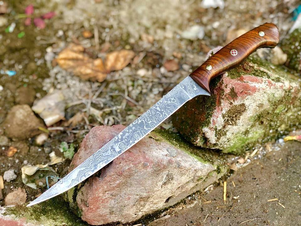 Custom Handmade Damascus Steel Fillet Fish Knife With Leather