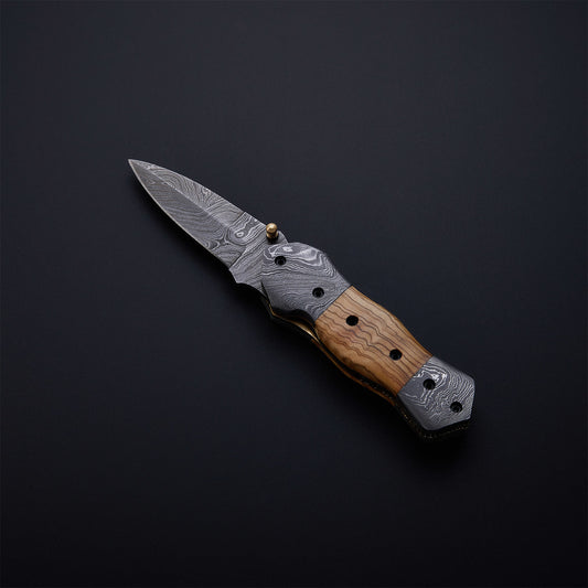 CUSTOM HANDMADE DAMASCUS POCKET KNIFE WITH LEATHER SHEATH