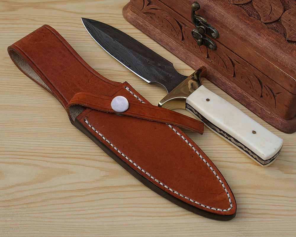 Damascus Fighting Stiletto Knife Handle Camel bone Brass Guard - NB CUTLERY LTD