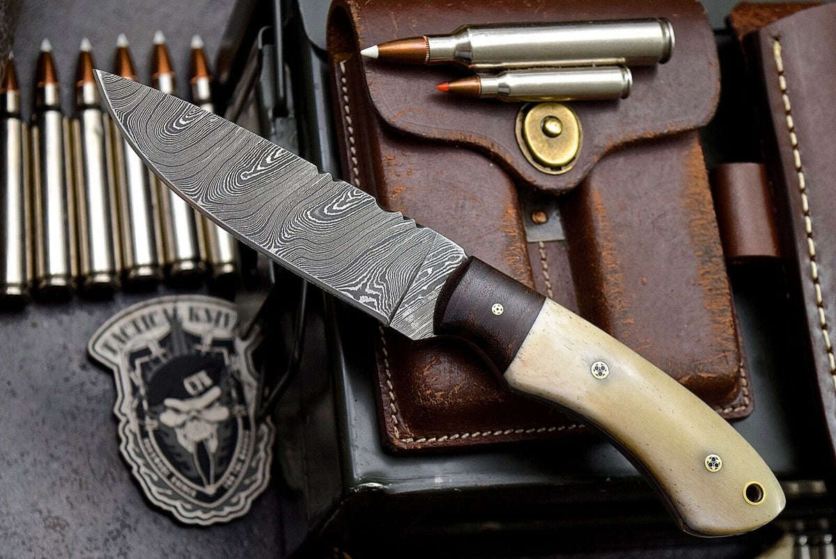 Custom Handmade Twist Damascus Walnut & Bone Hunting EDC Blade Knife - NB CUTLERY LTD
