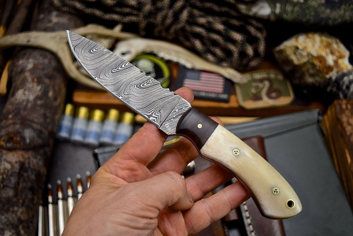 Custom Handmade Twist Damascus Walnut & Bone Hunting EDC Blade Knife - NB CUTLERY LTD