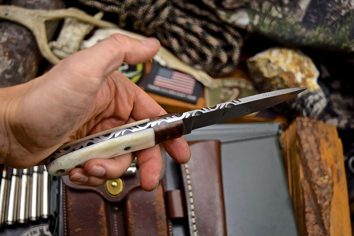 Custom Handmade Twist Damascus Walnut & Bone Hunting EDC Blade Knife - NB CUTLERY LTD