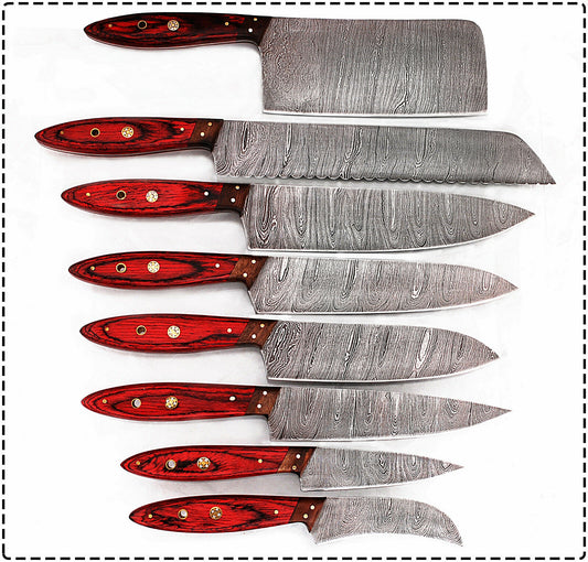 CUSTOM MADE DAMASCUS BLADE 8 Pc's. KITCHEN/CHEF KNIVES SET - NB CUTLERY LTD