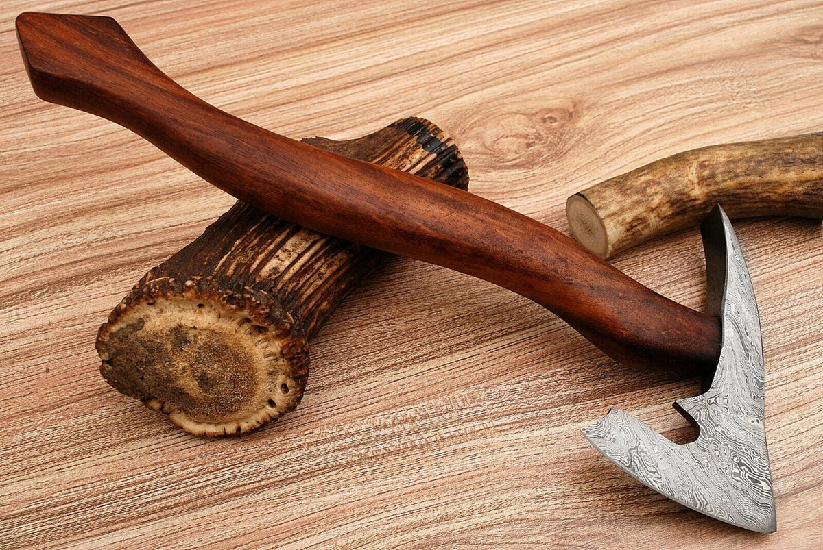 CUSTOM MADE HAND FORGED DAMASCUS STEEL AXE , HATCHET, - ROSE WOOD HANDLE - NB CUTLERY LTD