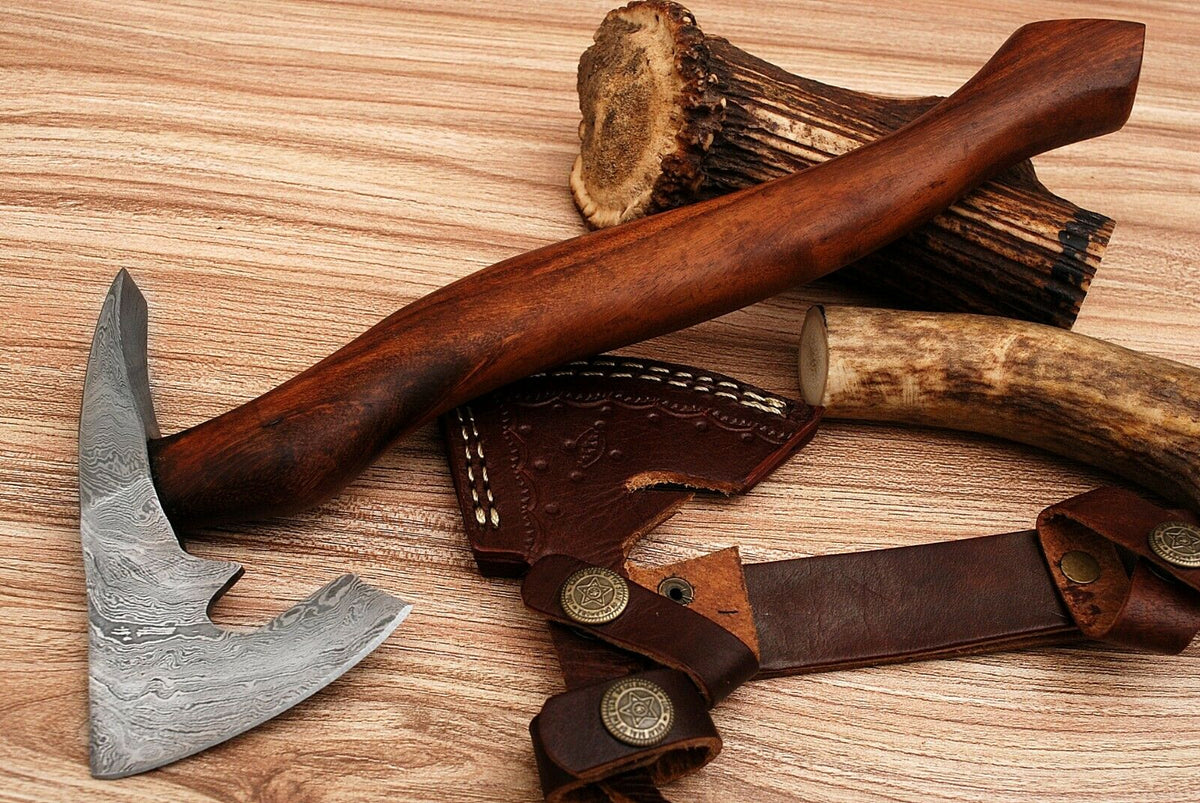 Custom made, hand forged Damascus hatchet - with Micarta handle and fancy snake filework to newest the spine