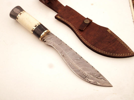 Custom handmade Damascus hunting knife with Camel Bone and Pakka Wood handle and leather sheath