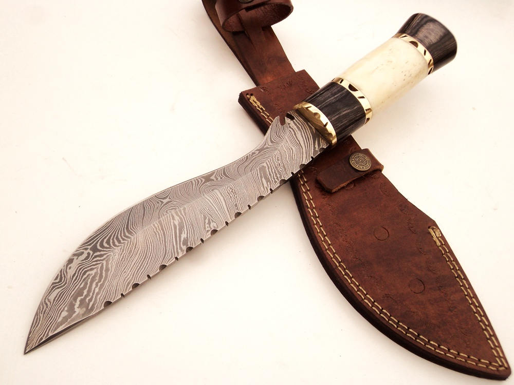 Custom handmade Damascus hunting knife with Camel Bone and Pakka Wood handle and leather sheath