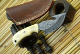 Damascus Steel Gut Hook Hunting Knife Handmade,Camel Bone Handle