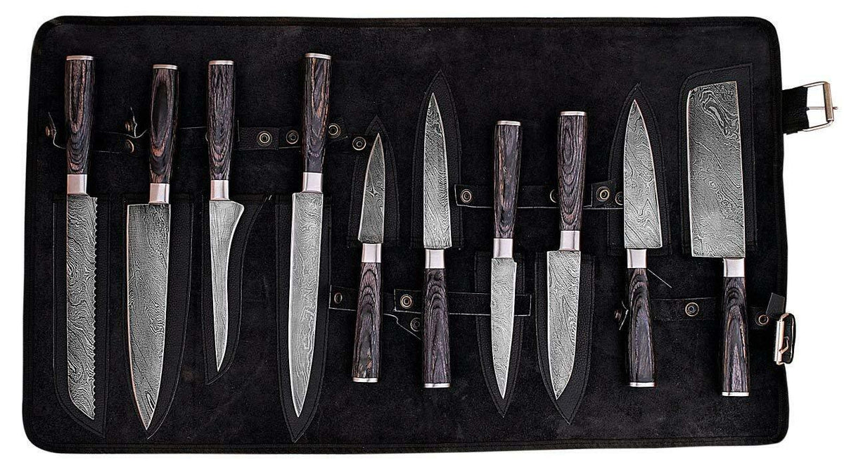 Handmade Damascus Steel Chef Knife Set With Rolling Bag Black