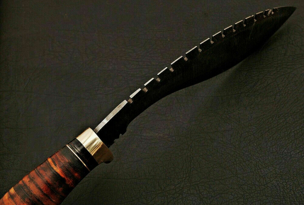 |NB KNIVES| HAND MADE DAMASCUS KUKRI BOWIE KNIFE - STACKED LEATHER - BRASS GUARD - NB CUTLERY LTD