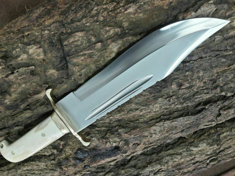 Handcrafted D2 Steel Bowie Knife with Camel Bone Handle and Leather Sheath