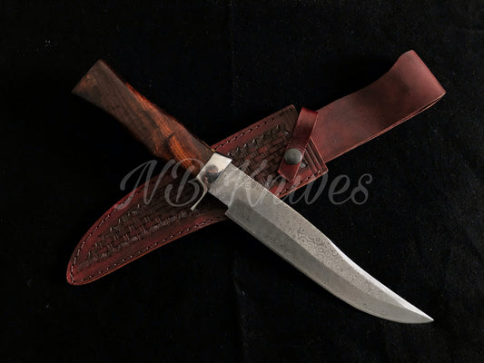 Handcrafted Damascus Steel Hunting Knife with Rosewood Handle and Stainless Steel Bolster