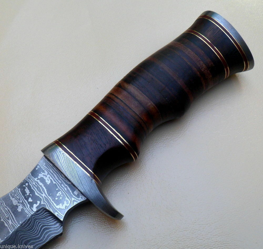 Ladder Pattern Damascus hunting Bowie knife with Rosewood and stacked leather handle