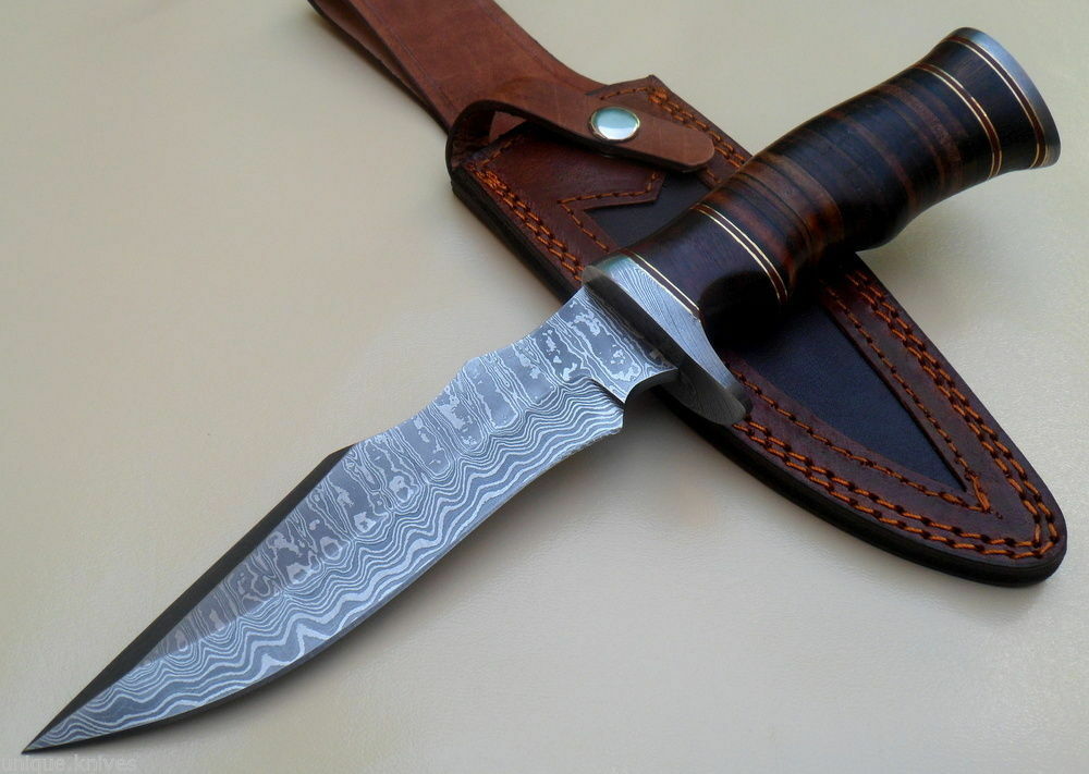 Ladder Pattern Damascus hunting Bowie knife with Rosewood and stacked leather handle