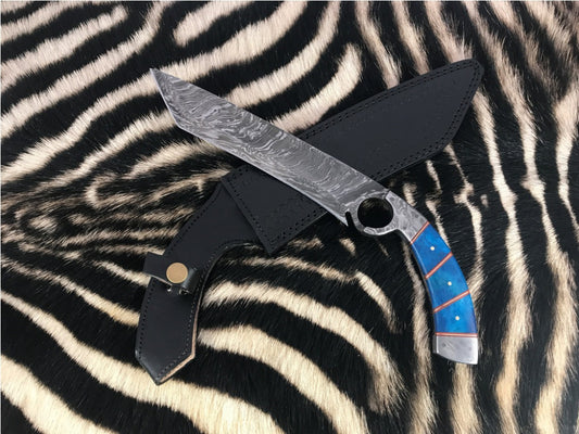 Handmade Damascus Hunting Knife with Blue Dyed Handle