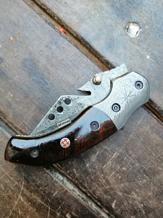 CUSTOM HANDMADE DAMASCUS BOTTLE OPNER POCKET KNIFE WITH LEATHER SHEATH