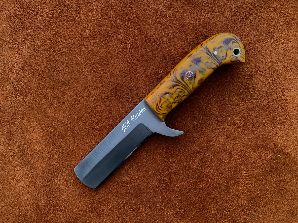 D2 Steel Cowboy Bull Cutter Knife with Resin Handle & Leather Sheath